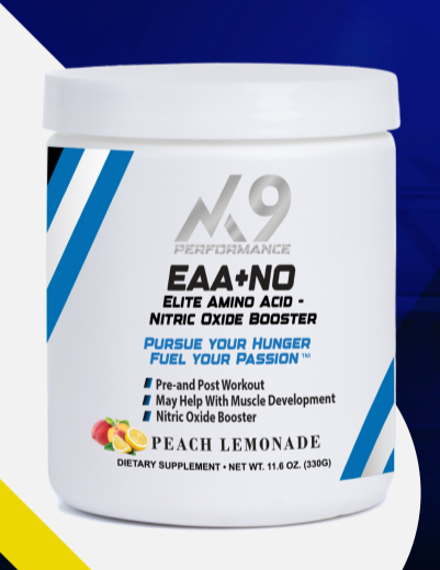 N9 Performance EAA Plus NO Extreme supplement container with promotional text on a blue and yellow background