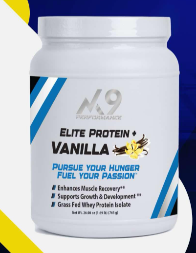 N9 Performance Elite Protein Plus container with product details on a blue background