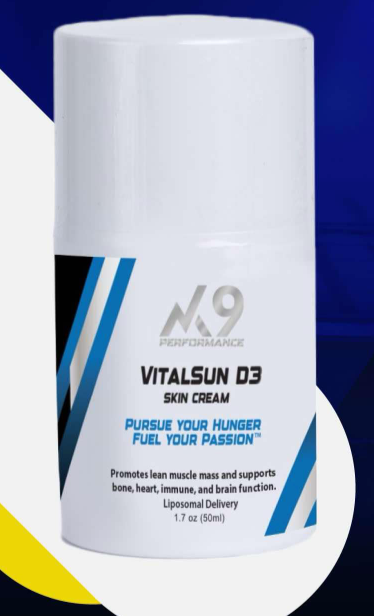 Vitalsun D3 Cream advertisement with product image and promotional text on a blue and yellow background.